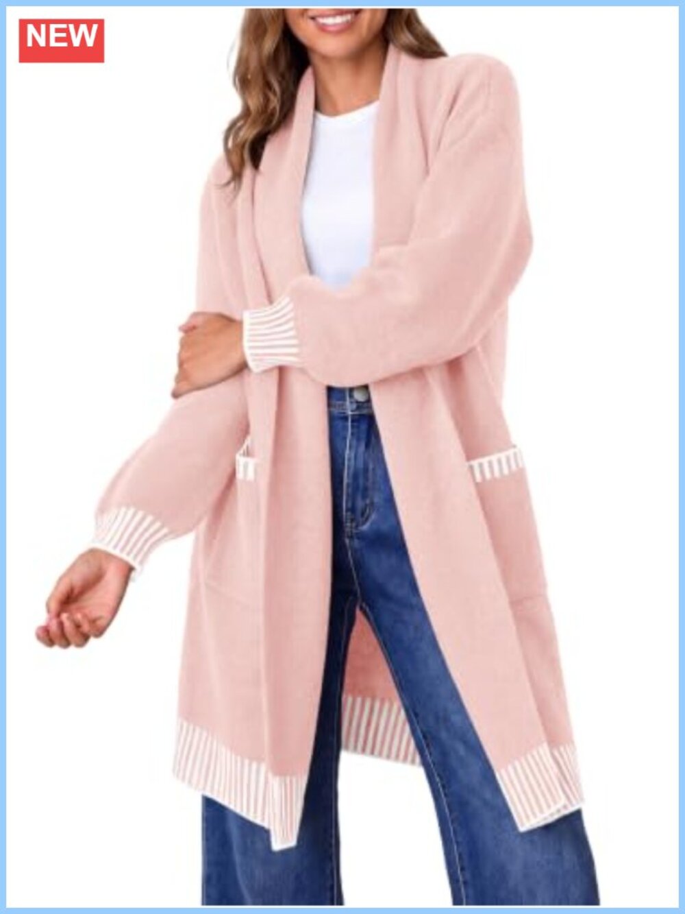 Womens Oversized Open Front Striped Cardigan Sweater with Pockets